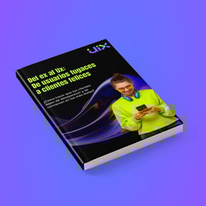 Portada de guía titulada ‘Del ex al UX: De usuarios fugaces a clientes felices’, con diseño en tonos negro y verde, logotipo de UIX y una persona sosteniendo un smartphone sobre fondo morado.