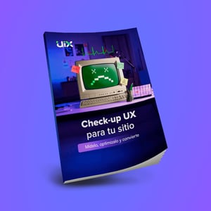 Portada de guía titulada ‘Check-up UX para tu sitio’, con diseño en tonos morados y azules, mostrando un monitor retro con una cara triste en verde y elementos gráficos que sugieren análisis y optimización.