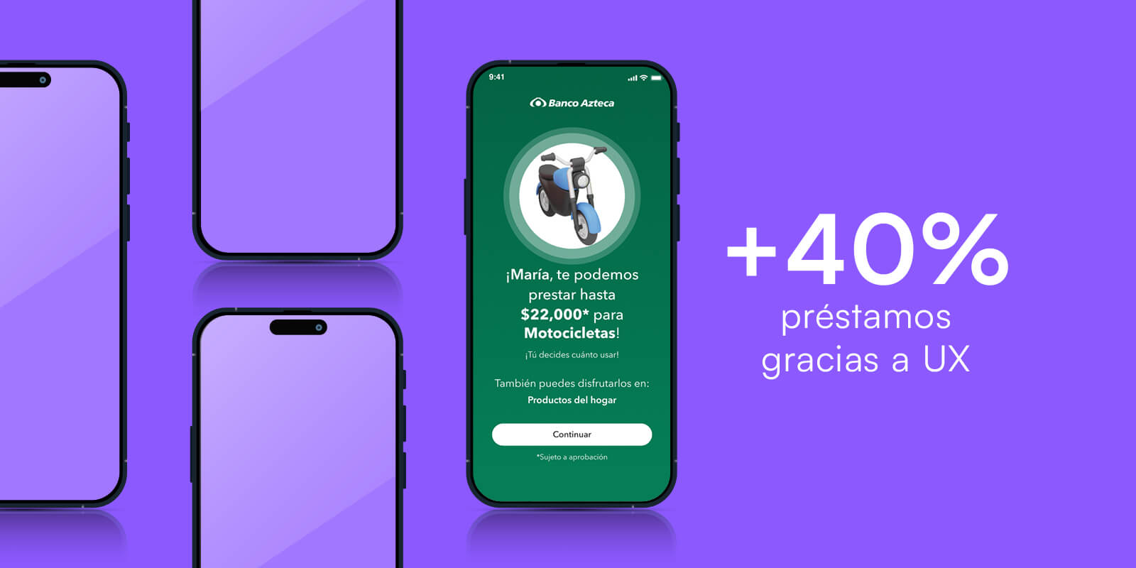 Teléfonos móviles sobre fondo morado, uno muestra una pantalla verde con la oferta de Banco Azteca: préstamo de hasta $22,000 para motocicletas y productos del hogar, con botón para continuar.